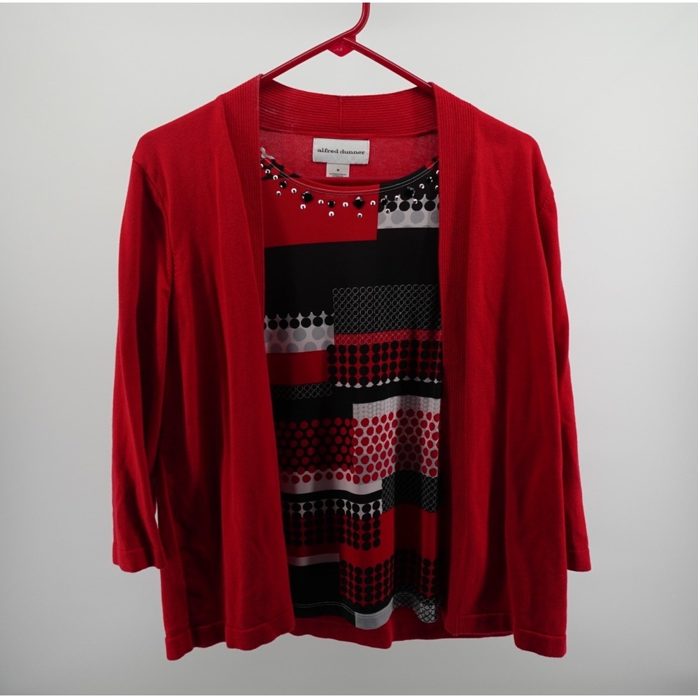 Alfred Dunner Womens Red Geometric Rhinestone Layered Cardigan Top Size M